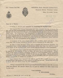 Letter from the Imperial War Graves Commission, to