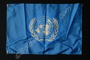 United Nations pennant with a white emblem on blue