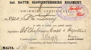 Regimental swimming certificate. 8924 Private Arth
