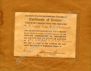 Certificate of Honour to Lance-Sergeant G.E. Shepp