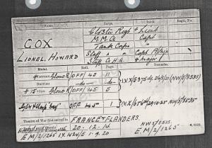 Photocopy of medal card of Major L.H. Cox 1920.