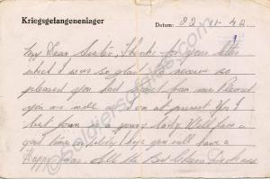 P.O.W.postcard from Lance Corporal Richard Carter,