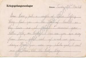 P.O.W. postcard from Private Reginald Carter, 2nd