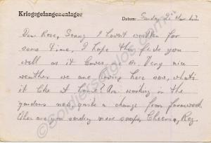 P.O.W. postcard from Private Reginald Carter, 2nd