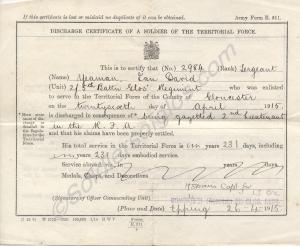 Discharge certificate for 2984 Sergeant Ian David