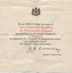 Mention in Despatches. Lance-Corporal Ronald A. Sp