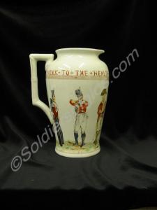 Pottery jug dated January 1880. Decorated with pai