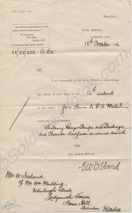 Letter from War Office acknowledging application f