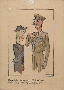 Cartoon on card depicting British Army officer wit