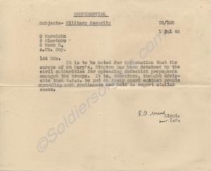 Letter about defeatism received by Captain the Rev