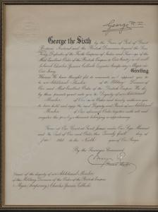 Framed Certificate granting the O.B.E.