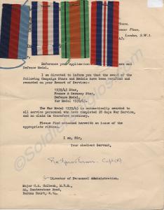 Letter granting medals to Maj C.S. Colbeck M.B.E.