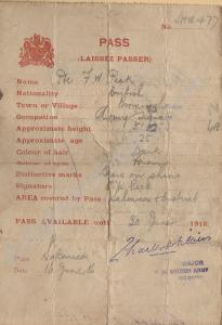 Two week pass. 17154 Private Francis William Peck.