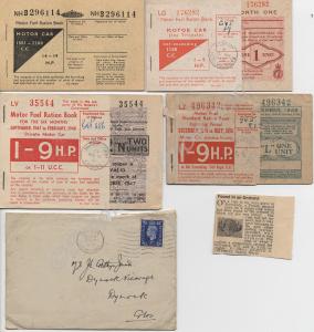 4 Motor Fuel Ration books. 1 Letter. 1 Newspaper c
