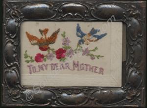 Silk embroidered postcard in copper frame. "To My
