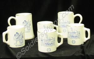 Four pottery mugs and two pottery pint tankards. W