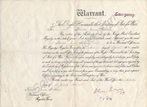 Emergency Warrant appointing Frederick James Harri