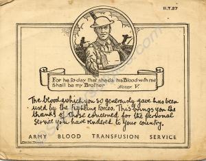 Blood transfusion card. 1914-1918.