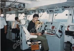 Private Wally Newman on the Bridge of H.M.S. Glouc