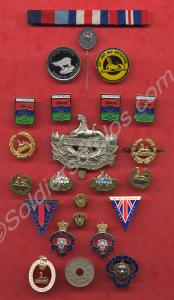 Box containing assorted badges, medals ribbons and