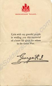 Message of gratitude from King George V to the fam