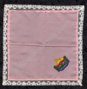 Lace edged pink handkerchief with printed Gloucest