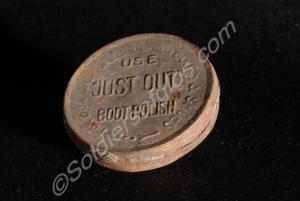Boot blacking tin.  "Just Out" shoe polish. c. 191