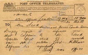 Telegram informing the death of Captain Roger Doug