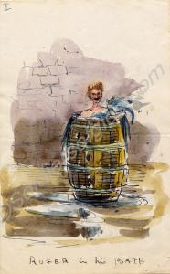 Watercolour cartoon "Roger in his bath". Captain R