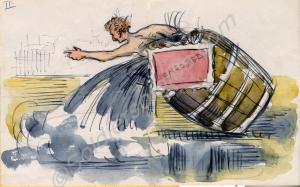 Watercolour cartoon "Roger falling out of his bath