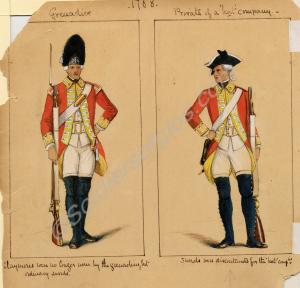 Watercolours of a grenadier and a private soldier,