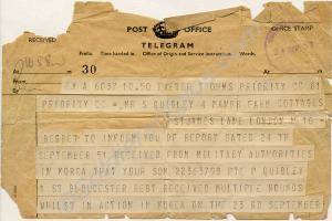Telegram notifying the family of Private Quigley t