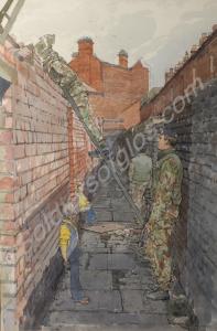 Watercolour painting, "A House Search in Belfast".