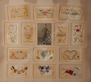Framed collection of First World War silk postcard