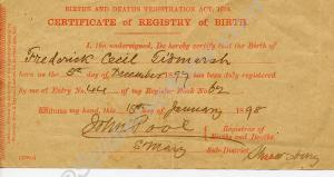 Birth Certificate for Frederick Cecil Tidmarsh. Sh