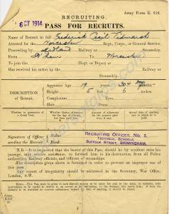 Travel Pass for recruits. Army Form b. 216. 15729