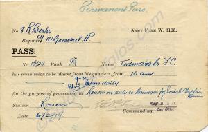 Travel Pass. Army Form w. 3105.  15729 Private Fre