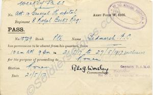 Travel Pass. Army Form w. 3105.  15729 Private Fre