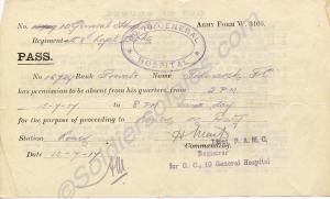Travel Pass. Army Form w. 3105.  15729 Private Fre