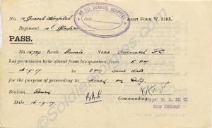 Travel Pass. Army Form w. 3105.  15729 Private Fre
