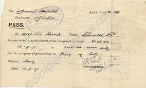 Travel Pass. Army Form w. 3105.  15729 Private Fre
