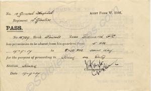 Travel Pass. Army Form w. 3105.  15729 Private Fre