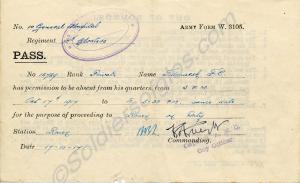 Travel Pass. Army Form w. 3105.  15729 Private Fre