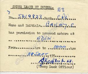 Pass for shore leave at Aden, Her Majesty'sTranspo