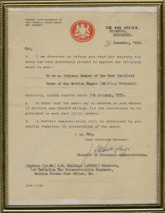 Notification of award of the Order of The British