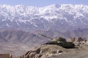 Russian tank against mountain backdrop. Operation