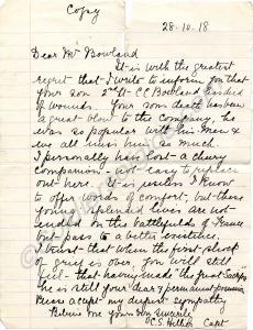 Letter of condolence sent by Captain C.S. Hillier