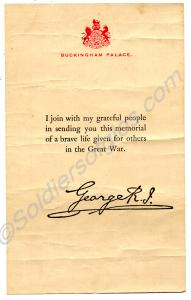 King's memorial message. Awarded to 11868 Private