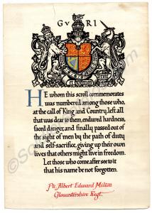Memorial scroll. Awarded to 11868 Private A.E. Mil