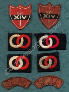 8 cloth badges including 2 14th Army badges, 4 36t